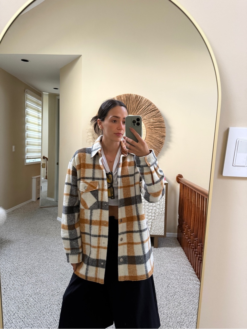 Monrow Plaid Teddy Shacket in Cream, navy & Brown